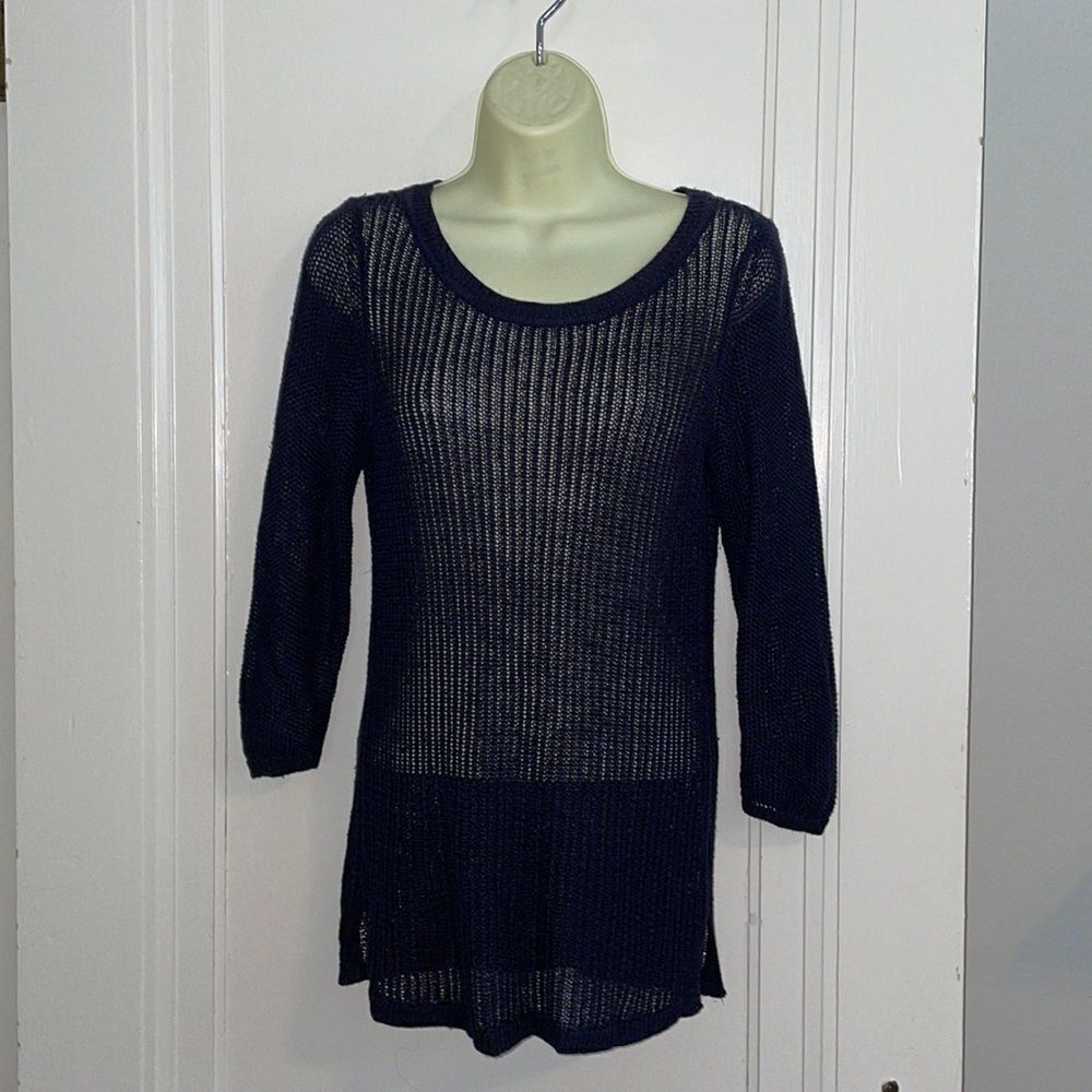Talbots navy‎ blue loose weave long sweater with 3/4 sleeves